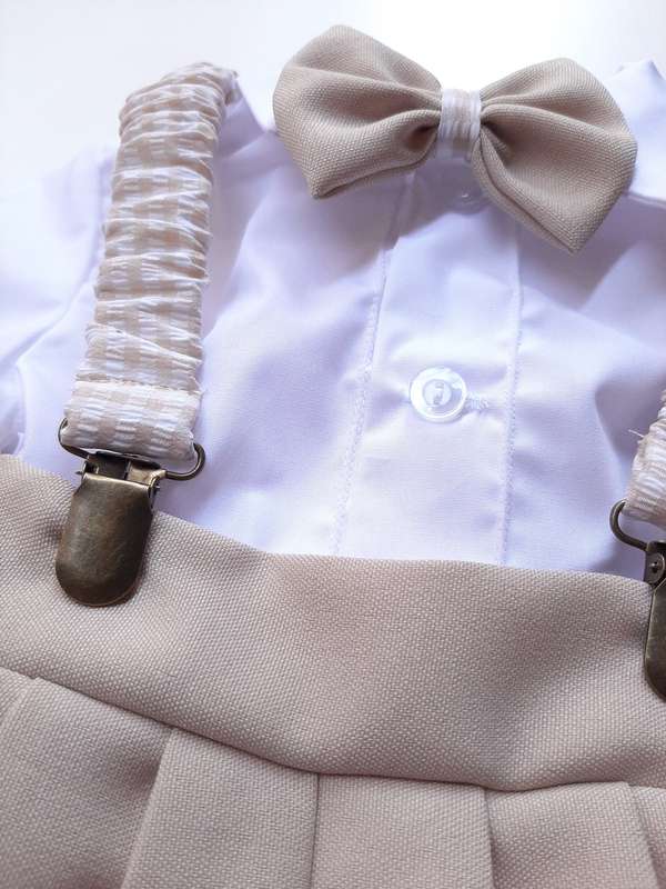 Christening Boys Beige pants, braces with silver clips; white cotton shirt with edging and bowtie