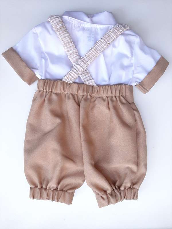Christening Boys Beige pants, braces with silver clips; white cotton shirt with edging and bowtie
