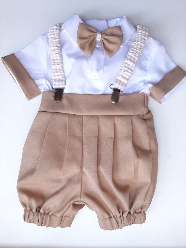 Christening Boys Beige pants, braces with silver clips; white cotton shirt with edging and bowtie