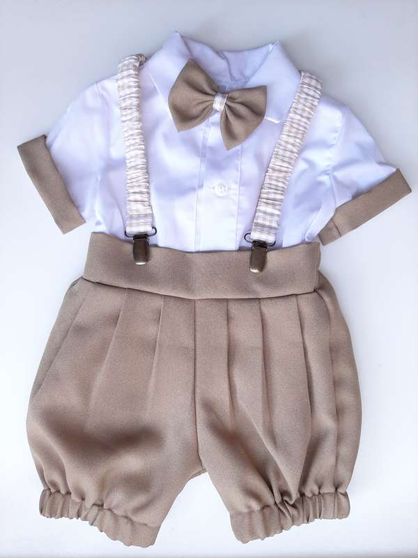 Christening Boys Beige pants, braces with silver clips; white cotton shirt with edging and bowtie