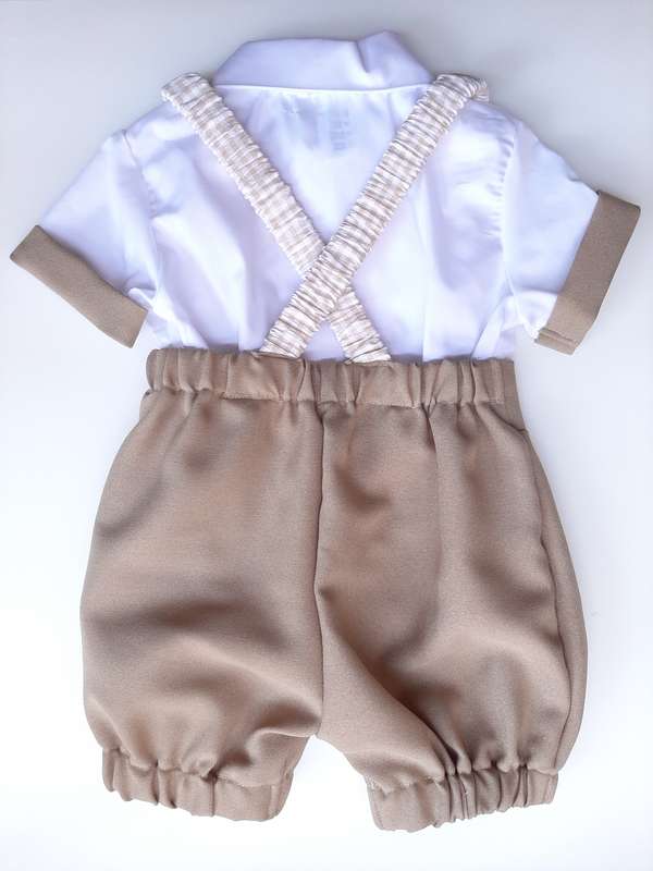 Christening Boys Beige pants, braces with silver clips; white cotton shirt with edging and bowtie