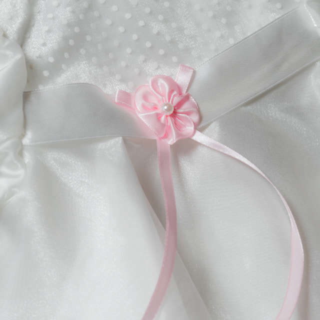 Christening Girls White satin and chiffon with Pink flower and Pearl detail