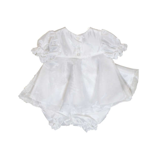 Christening Girls White satin and chiffon with Pink flower and Pearl detail