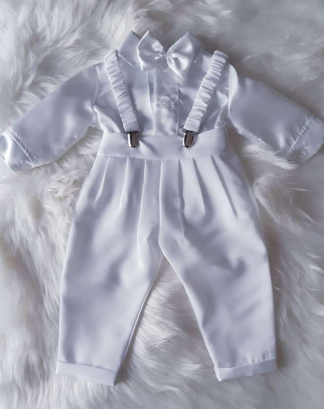 Christening Boys Long white pants with Satin shirt and braces - 9-12-months