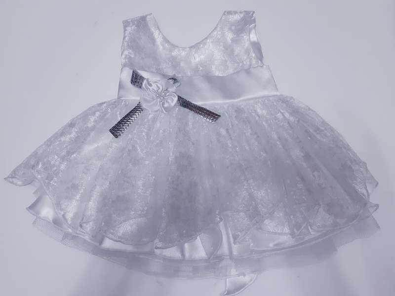 Christening Girls White Satin Layered Lace Dress With White And Silver Flower And White Waistband