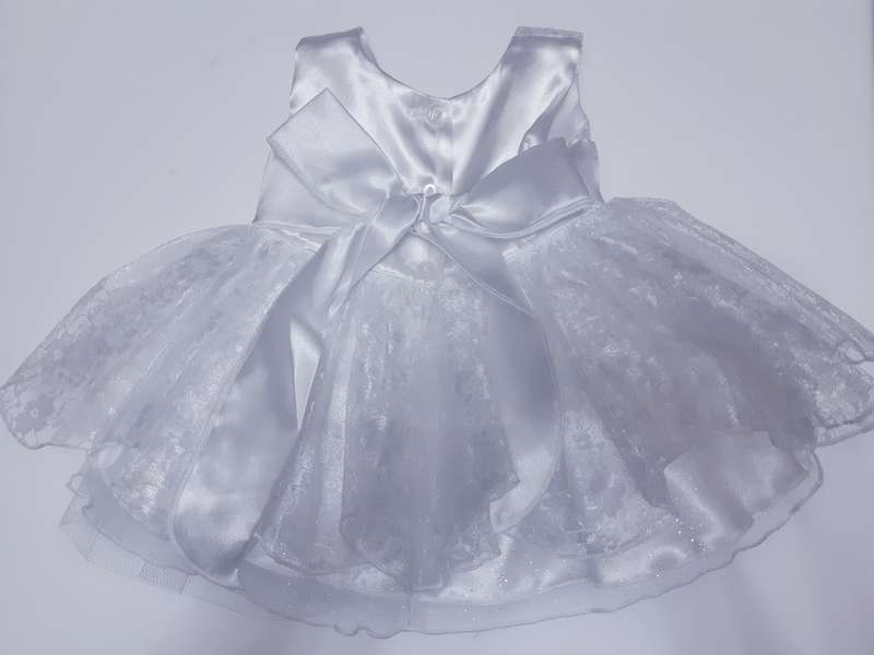 Christening Girls White Satin Layered Lace Dress With White And Silver Flower And White Waistband