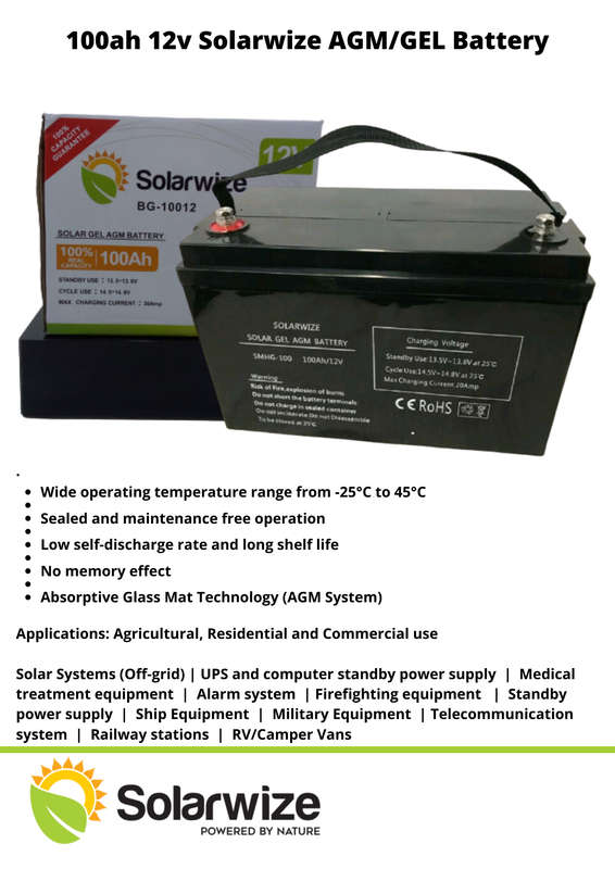 BS025 Solarwize - Battery  Deep Cycle Gel 100% Capacity. 12 Volt 100ah