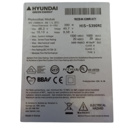 SB065 Hyundai - Solar Panel  Mono crystalline 390 Watt  A Grade.