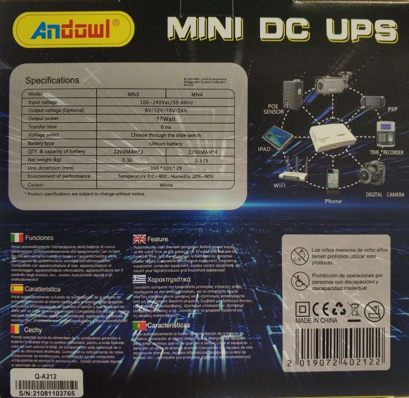 SA482 - Andowl Micro Multifunction Lithium UPS. Input 220 Volts.Output 5/9/12/15/24V DC 17 Watts