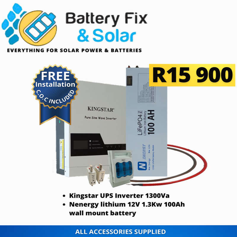 SD0001-Kingstar Backup Power Kit. 1300VA/1000W 12V Inverter. 1x 12V 100Ah Lithium Ba + installation.