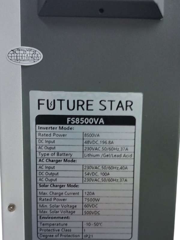 SA583  Future Star - Hybrid Inverter Pure Signw..8.5KVA /7.5 KW 48V 120Amp  MPPT. High Voltage 500V