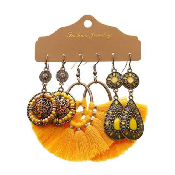 6 Piece Vintage Tassel Combination Earrings - Yellow