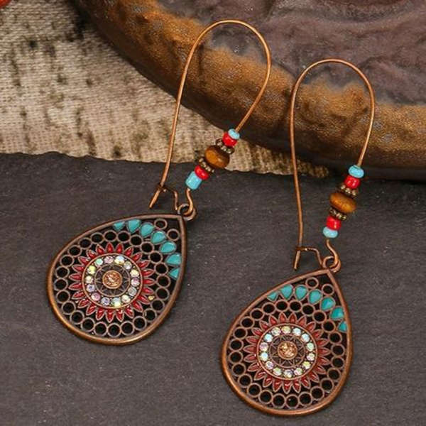 Vintage Boho Style Enameled Dangle Drop Earrings With Stone for Women
