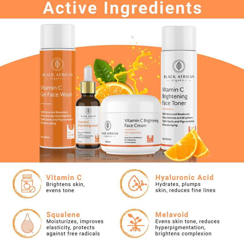 Complete Vitamin C & Hyaluronic Acid Brightening Face Kit | 4-Piece Set with Squalene & Melavoid ...