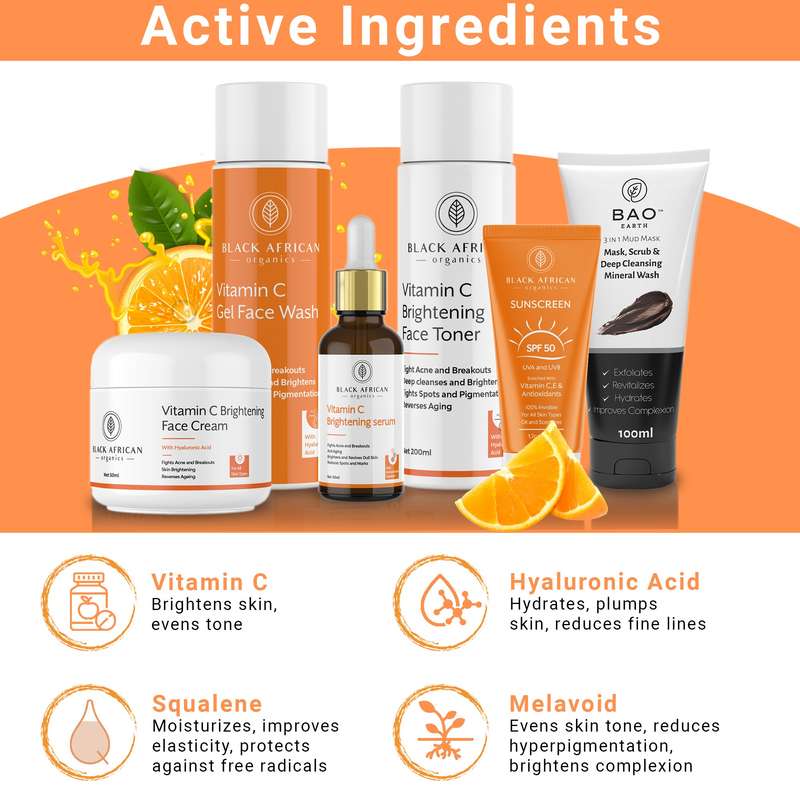 Vitamin C and Hyaluronic Acid Natural Clarifying Deluxe Face Kit + SPF 30 Sunscreen + Charcoal Mask