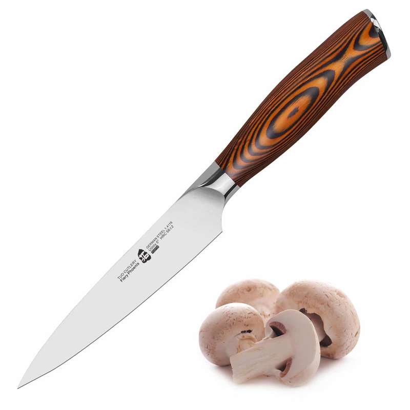 TUO Cutlery Utility Knife - German Steel with Pakkawood Handle with Case - 5" - Fiery Series