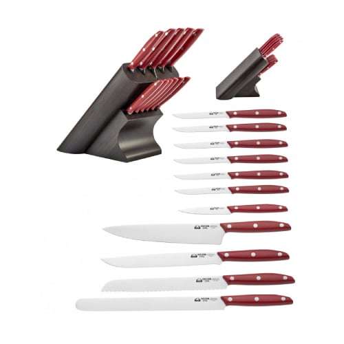 DUE CIGNI 12PCE KITCHEN KNIFE SET RED WITH WENGE WOODEN BLOCK - 2C324