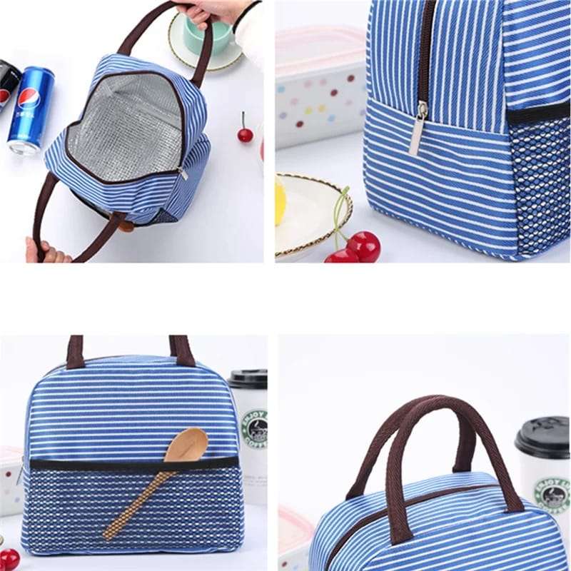 2 Stripe Thermal Insulated Lunch Bag Portable Foil Cooler Bag