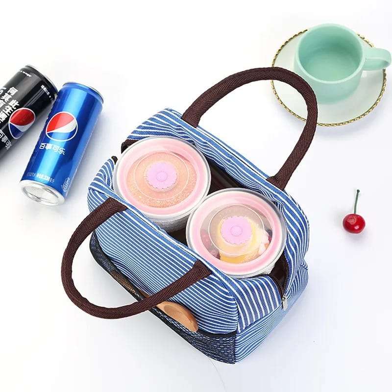 2 Stripe Thermal Insulated Lunch Bag Portable Foil Cooler Bag