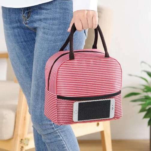 2 Stripe Thermal Insulated Lunch Bag Portable Foil Cooler Bag