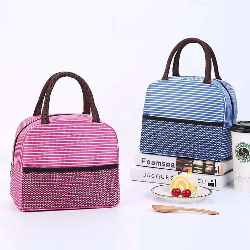 2 Stripe Thermal Insulated Lunch Bag Portable Foil Cooler Bag
