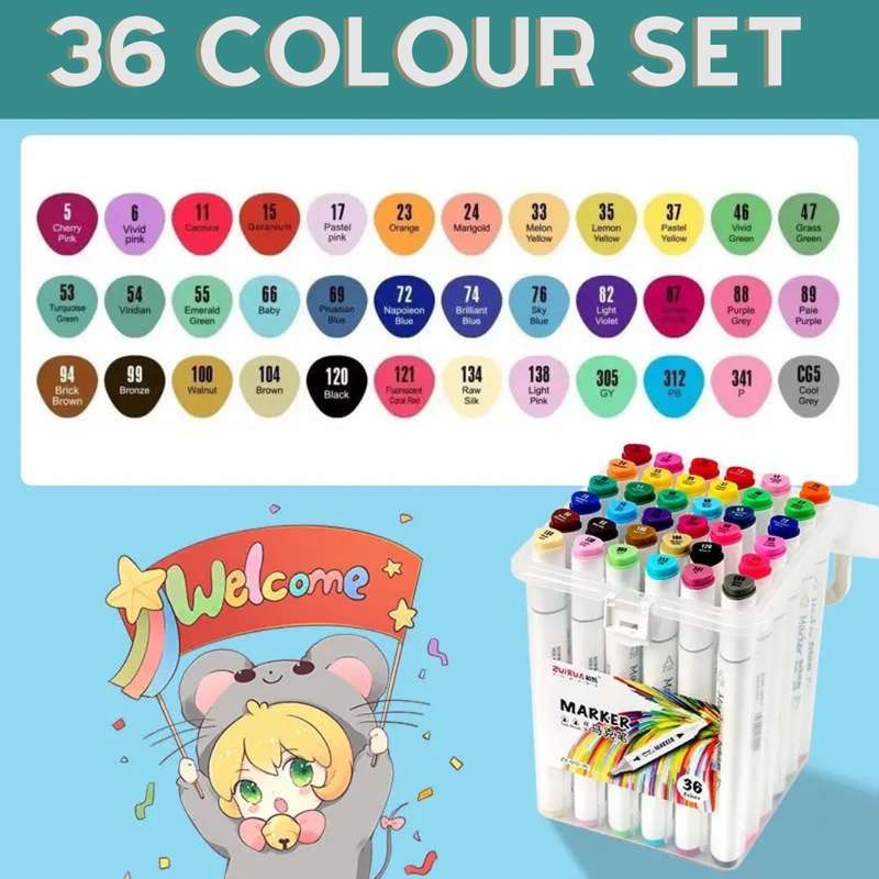 Set of 36 Twin Tip Marker Pen Highlighters for Graphic Art With Carry Case