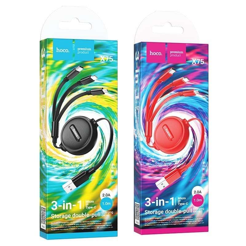 Hoco 3 in 1 Retractable Data Cable C Type-Micro-iPhone Cable 1m