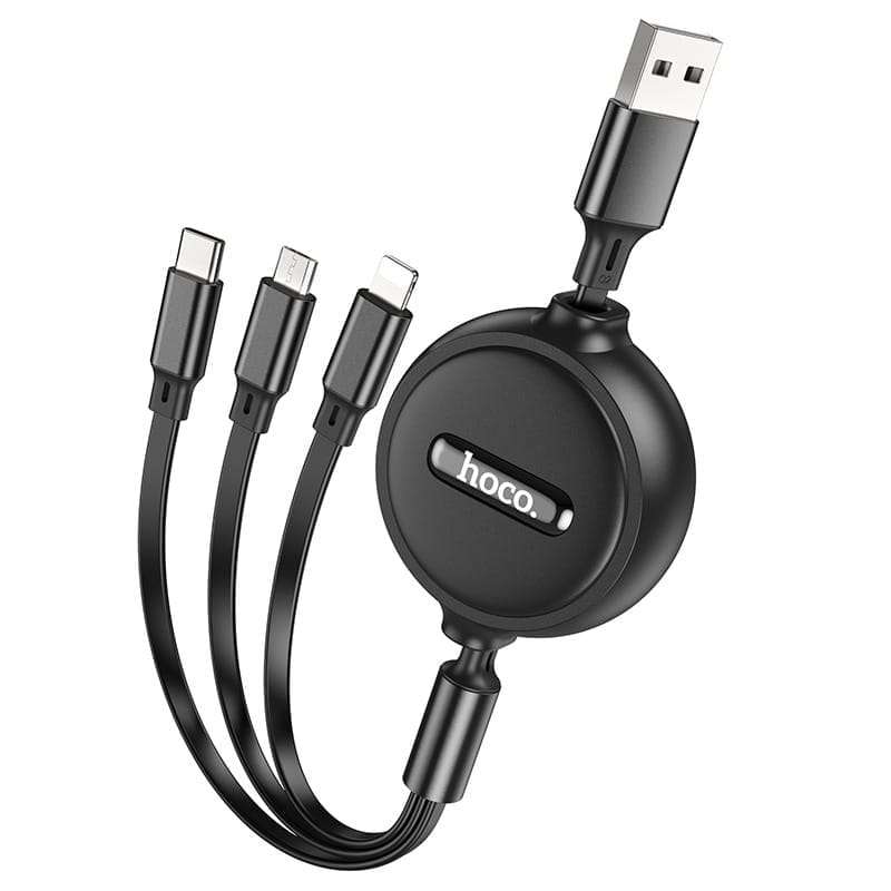 Hoco 3 in 1 Retractable Data Cable C Type-Micro-iPhone Cable 1m