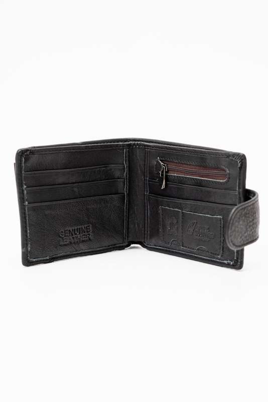 Camel Mountain Genuine Leather Bi Fold Stitch Detail Wallet with Coin Pouch Credit Card Holder Black