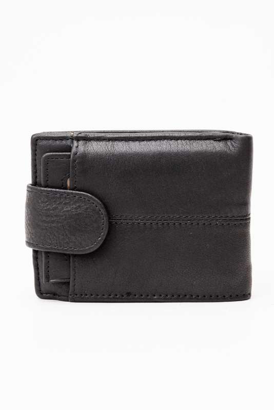 Camel Mountain Genuine Leather Bi Fold Stitch Detail Wallet with Coin Pouch Credit Card Holder Black