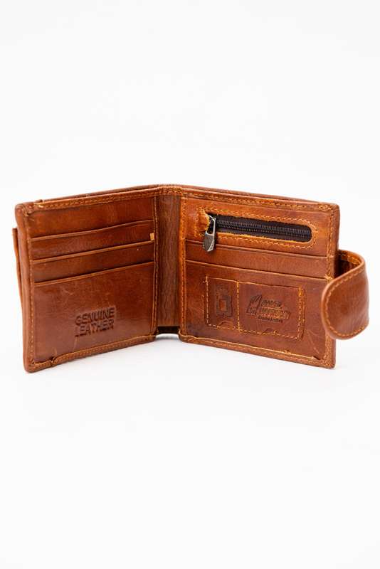 Camel Mountain Genuine Leather Bi Fold Stitch Detail Wallet with Coin Pouch Credit Card Holder Brown