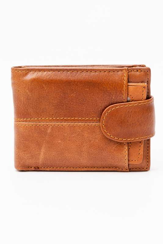 Camel Mountain Genuine Leather Bi Fold Stitch Detail Wallet with Coin Pouch Credit Card Holder Brown