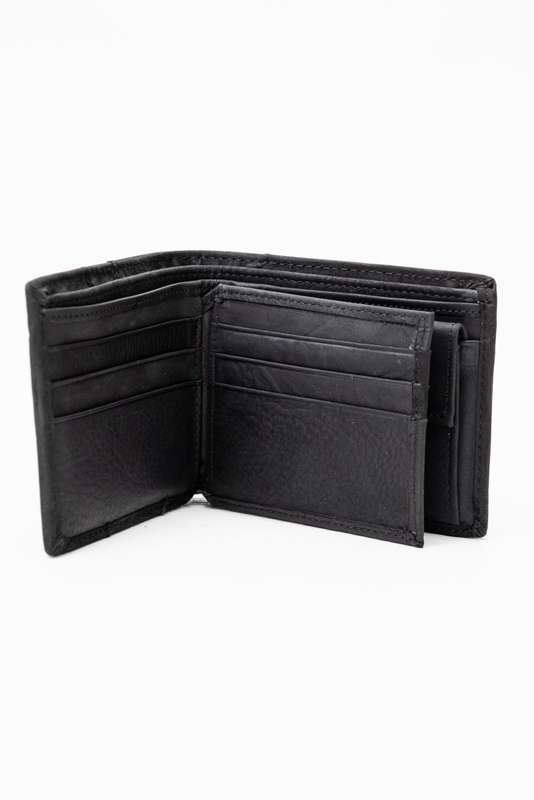 Camel Mountain Genuine Leather Tri-Fold Stitch Detail Wallet with Coin Pouch Black