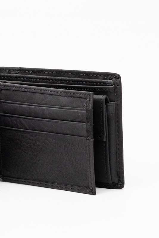 Camel Mountain Genuine Leather Tri-Fold Stitch Detail Wallet with Coin Pouch Black
