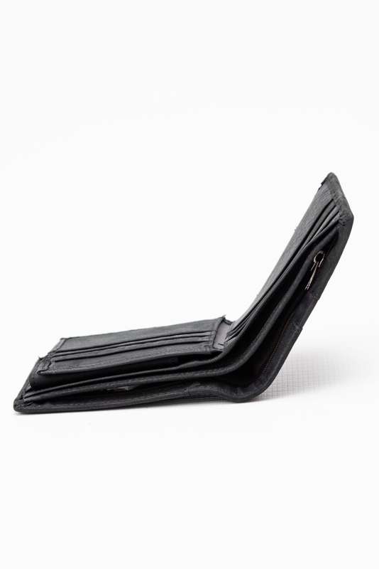 Camel Mountain Genuine Leather Tri-Fold Stitch Detail Wallet with Coin Pouch Black