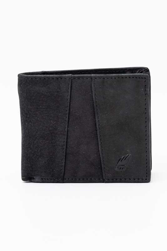 Camel Mountain Genuine Leather Tri-Fold Stitch Detail Wallet with Coin Pouch Black