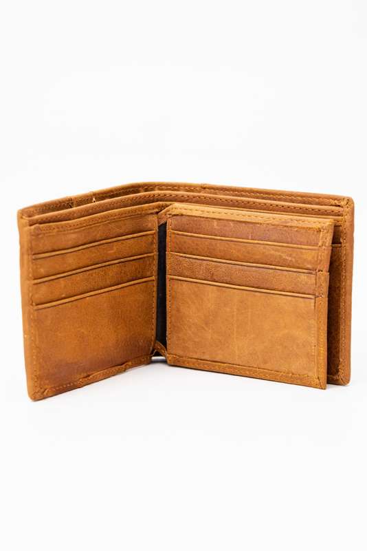Camel Mountain Genuine Leather Tri-Fold Stitch Detail Wallet with Coin Pouch Tan