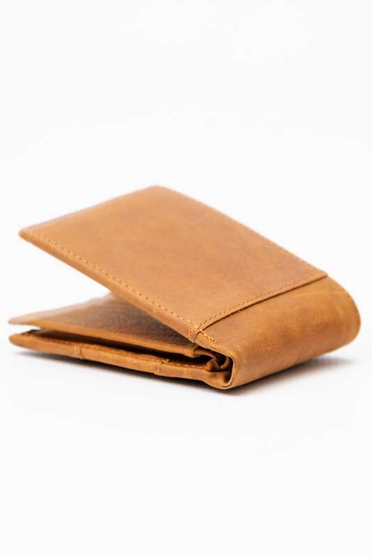 Camel Mountain Genuine Leather Tri-Fold Stitch Detail Wallet with Coin Pouch Tan