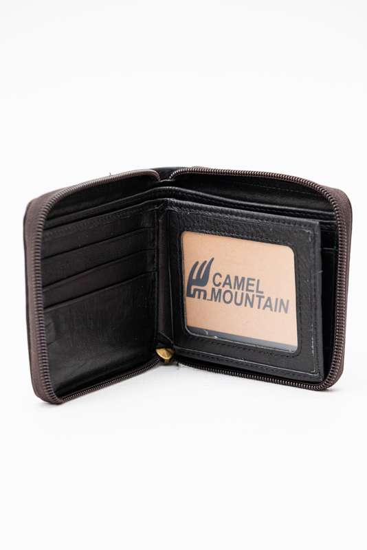 Camel Mountain Genuine Leather Zip Around Bi-Fold Wallet Black