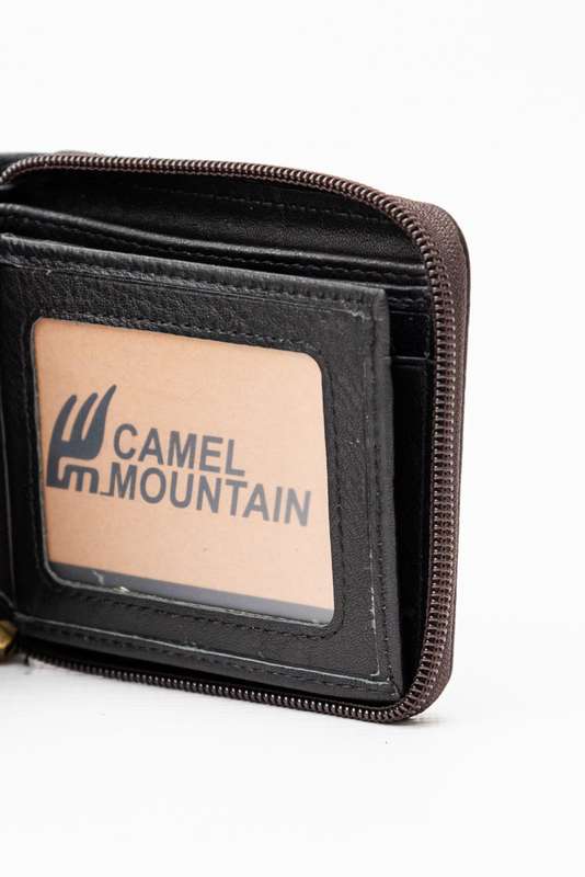 Camel Mountain Genuine Leather Zip Around Bi-Fold Wallet Black