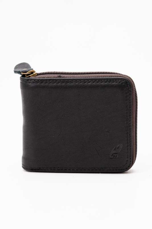 Camel Mountain Genuine Leather Zip Around Bi-Fold Wallet Black