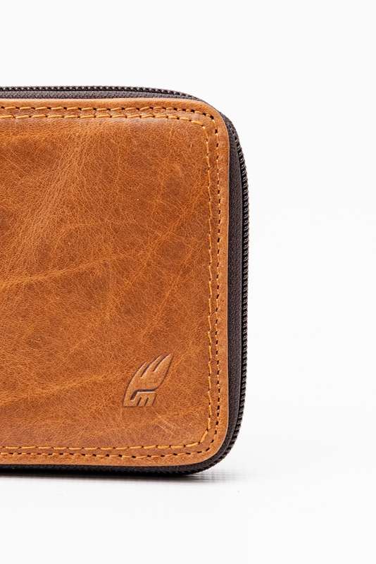Camel Mountain Genuine Leather Zip Around Tri-Fold Wallet Brown