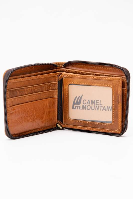 Camel Mountain Genuine Leather Zip Around Tri-Fold Wallet Brown