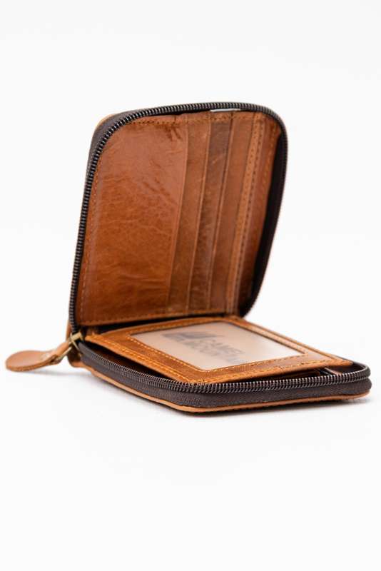 Camel Mountain Genuine Leather Zip Around Tri-Fold Wallet Brown