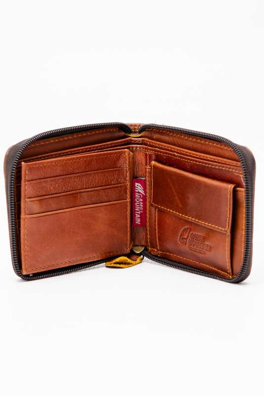 Camel Mountain Genuine Leather Zip Around Tri-Fold Wallet Dark Brown