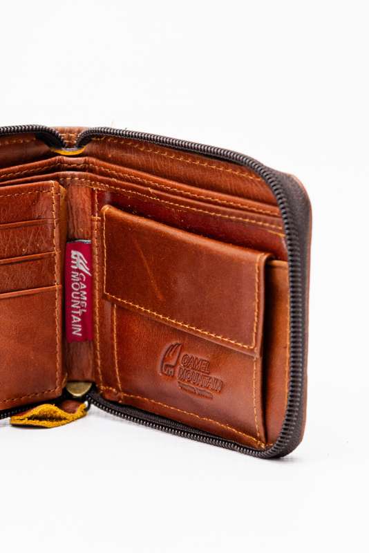 Camel Mountain Genuine Leather Zip Around Tri-Fold Wallet Dark Brown