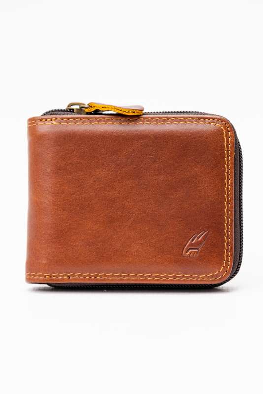 Camel Mountain Genuine Leather Zip Around Tri-Fold Wallet Dark Brown