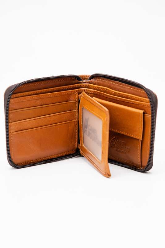 Camel Mountain Genuine Leather Zip Around Tri-Fold Wallet Tan