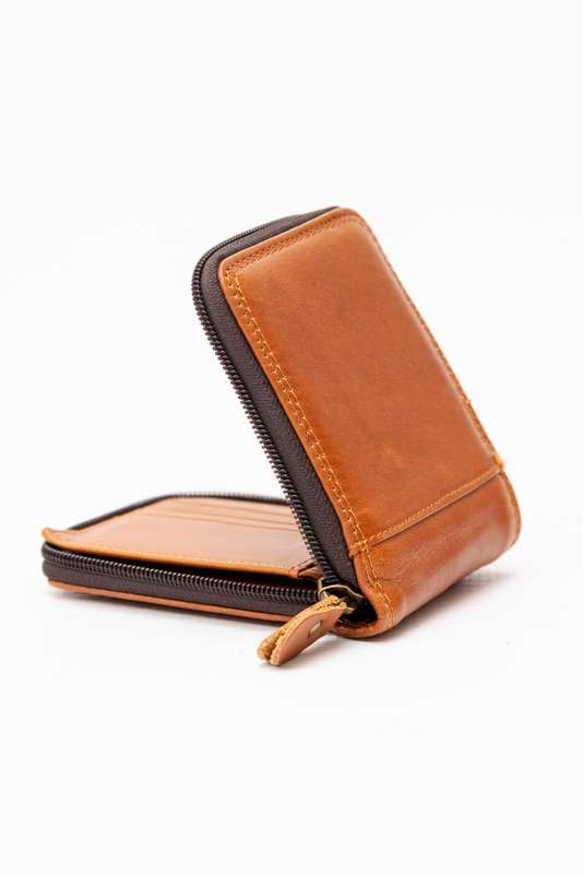 Camel Mountain Genuine Leather Zip Around Tri-Fold Wallet Tan