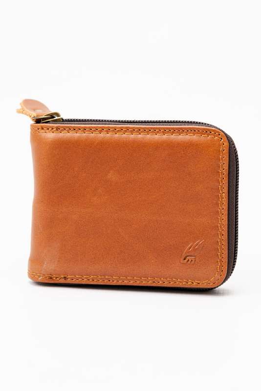 Camel Mountain Genuine Leather Zip Around Tri-Fold Wallet Tan